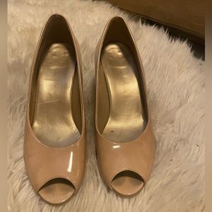 Stuart weitzman patent leather peep toe wedges